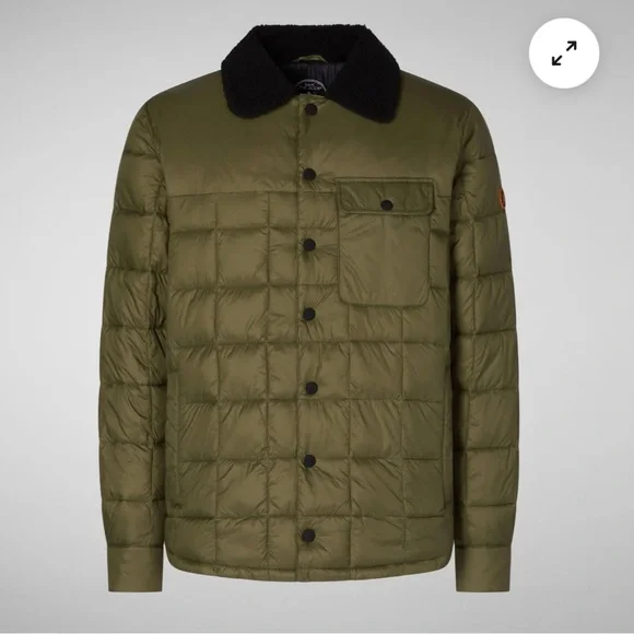 NWT “SAVE THE DUCK” MEN'S BOB FAUX FUR LINED PUFFER JACKET IN DUSTY OLIVE